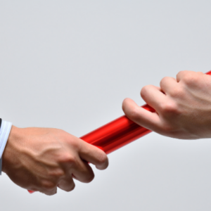 Men in business suits handing off a red baton to each other.