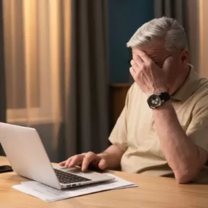 Older gentleman covering head with hand sitting at desk with laptop